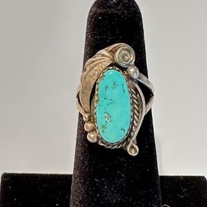 Vtg Turquoise Ring Size 4 Nat American Sterling Silver Statement Ring, Unmarked